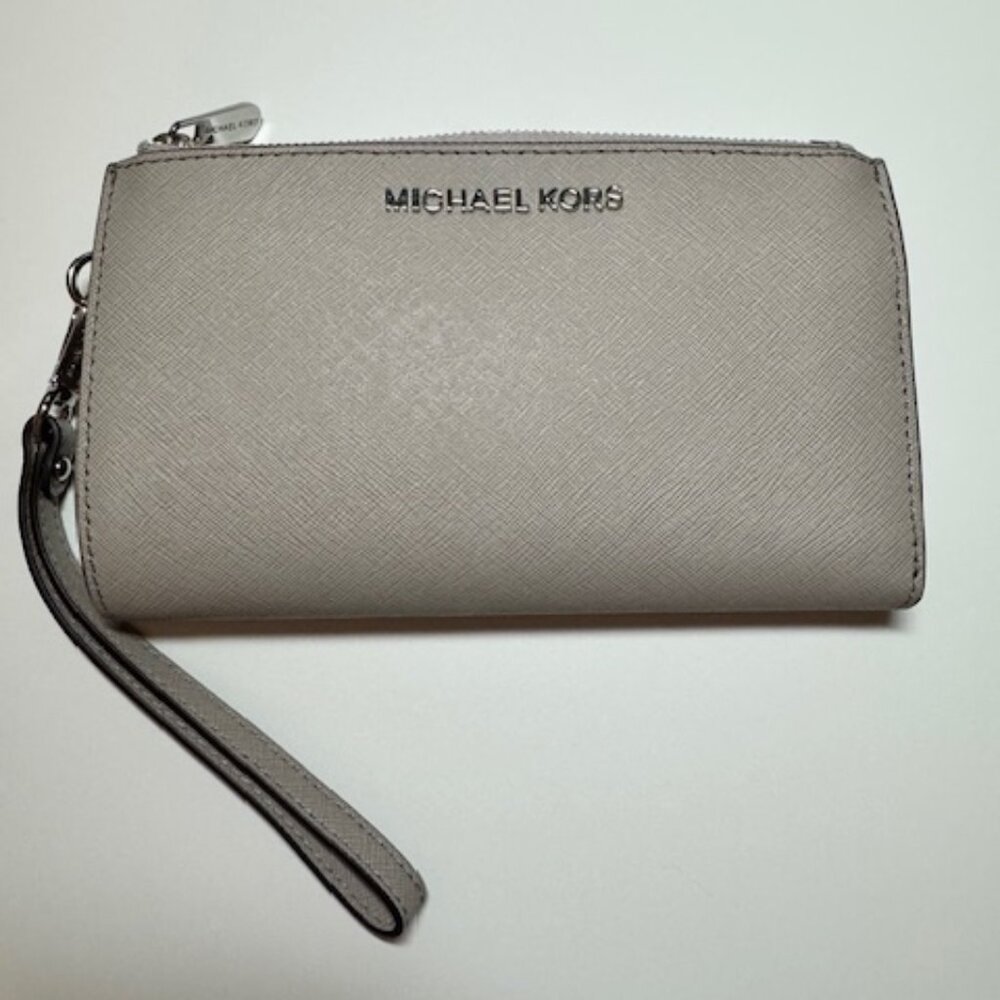 Michael Kors Jet Set Travel Double Zip Saffiano Leather Wristlet Wallet - Cement